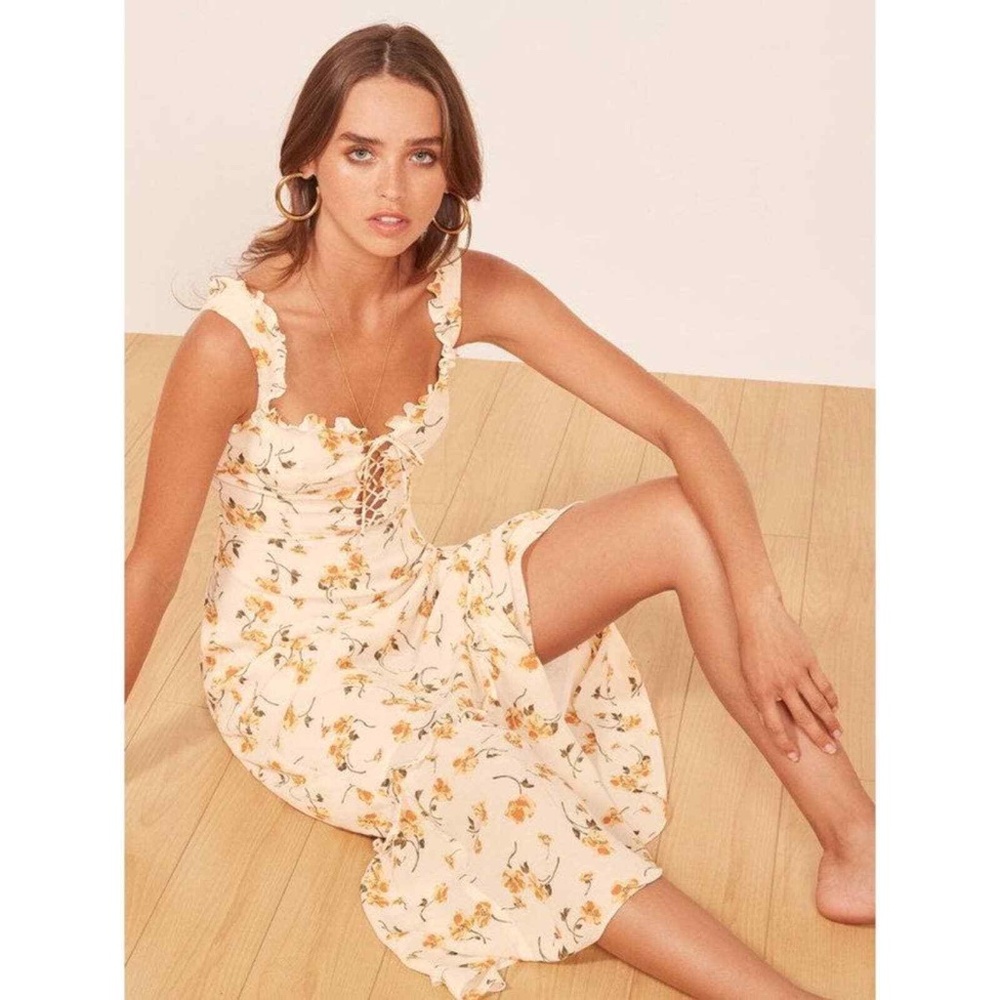 Reformation Naples Sweetheart Neckline Ruffle Floral Midi Dress Size 0